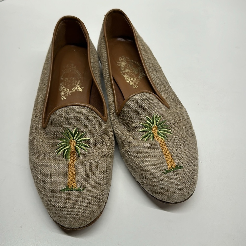 Erica Wilson Loafers Needlepoint Shoes Slip On Embroidered Palm Tree Tan Size 8